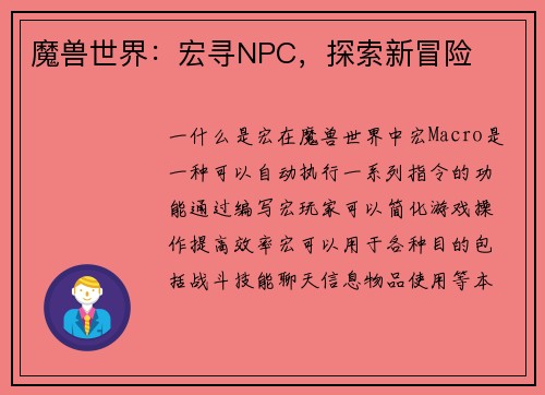 魔兽世界：宏寻NPC，探索新冒险